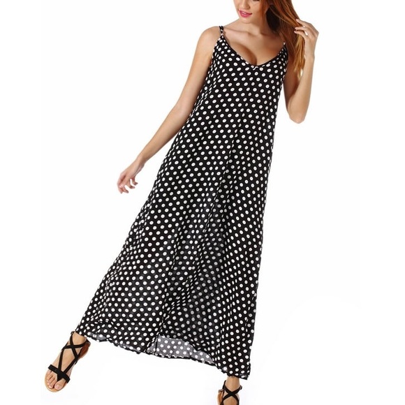Black and White Polkadot Long Maxi Dress with Pockets Super Light and Flowy - Picture 5 of 12